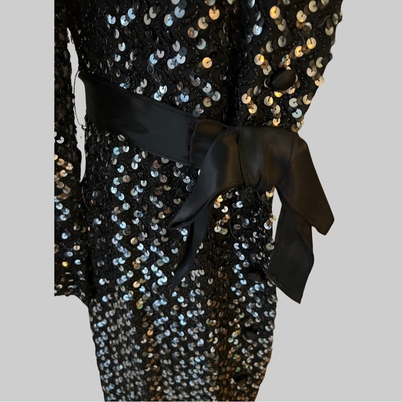 VINTAGE 60’s RONA NEW YORK BLACK SEQUIN EVENING JACKET WITH SATIN BELT, SIZE SM - Picture 6 of 9
